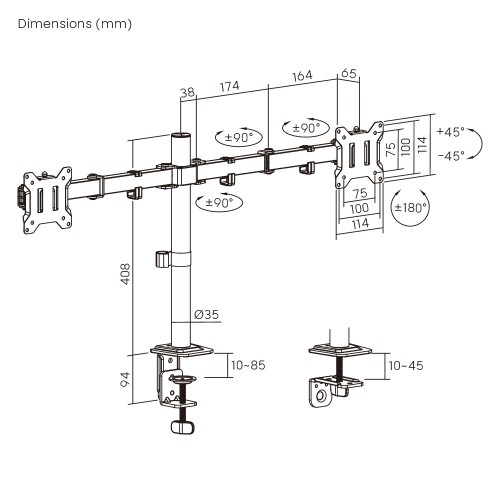 POWERTECH βάση γραφείου για 2x οθόνες PT-1552, 17-32", έως 10kg