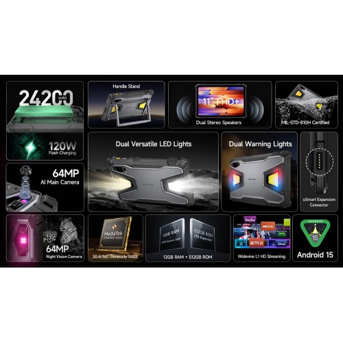 ULEFONE tablet Armor Pad 5 Pro, 11", 12GB/512GB, 24200mAh, IP68/IP69K/MIL-STD-810H, 5G, μαύρο