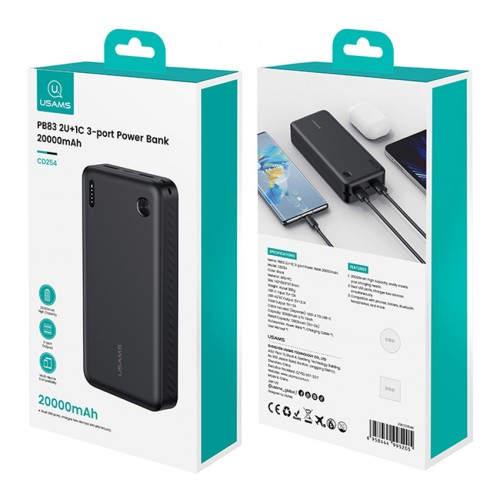 USAMS power bank CD254, 2x θύρες εξόδου, 20000mAh, 10W, μαύρο