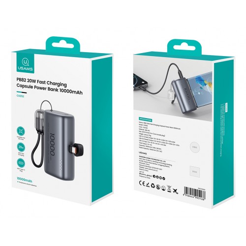 USAMS power bank CD252 με stand, 2x θύρες εξόδου, 10000mAh, 20W, γκρι