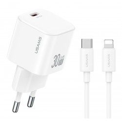 USAMS φορτιστής τοίχου CC262 με καλώδιο Lightning, 30W, GaN, λευκός