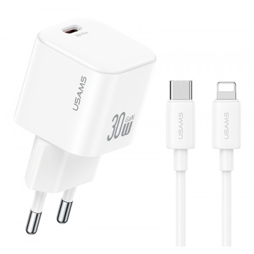 USAMS φορτιστής τοίχου CC262 με καλώδιο Lightning, 30W, GaN, λευκός
