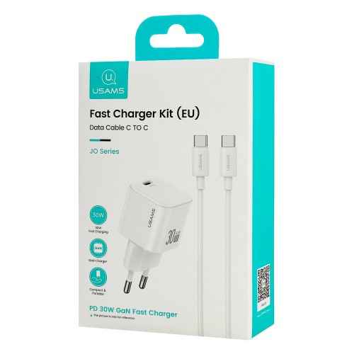 USAMS φορτιστής τοίχου CC262 με καλώδιο USB-C, 30W, GaN, λευκός