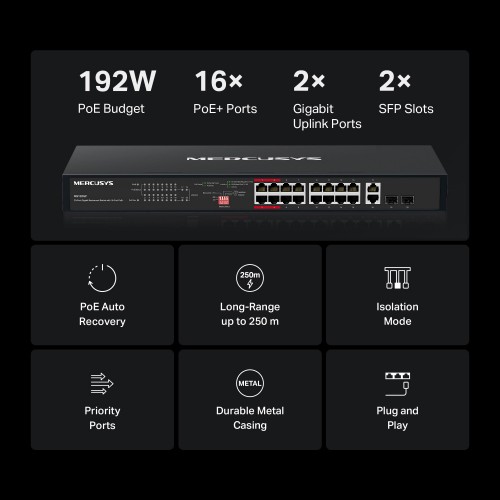 MERCUSYS rackmount switch MS120GP, 20x Gigabit θύρες, PoE+, V1.0