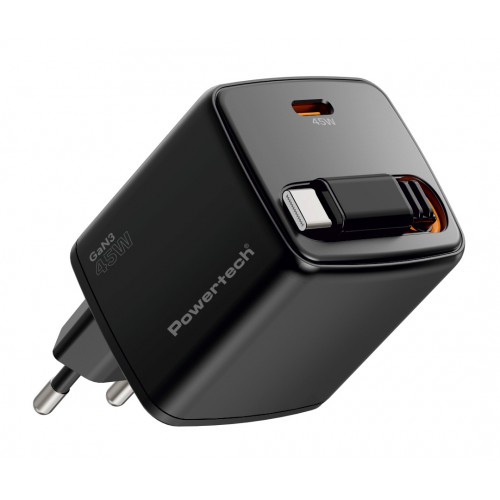POWERTECH φορτιστής τοίχου PT-1572 με πτυσσόμενο καλώδιο, USB-C, 45W, GaN, μαύρος