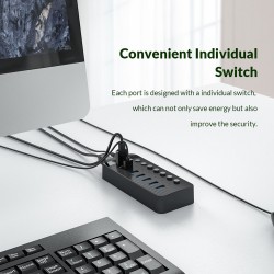 ORICO USB hub CT2U3-7AB με διακόπτες, 7x θυρών, USB 3.0, 5Gbps, USB σύνδεση, μαύρο