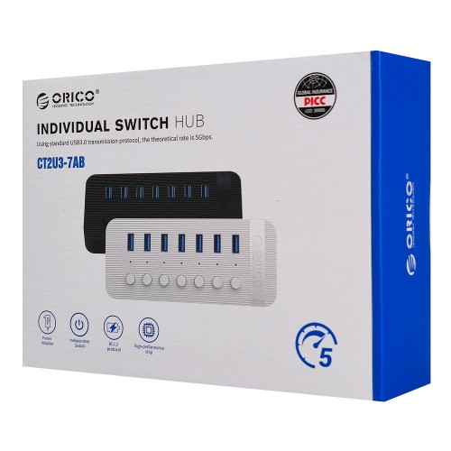 ORICO USB hub CT2U3-7AB με διακόπτες, 7x θυρών, USB 3.0, 5Gbps, USB σύνδεση, μαύρο