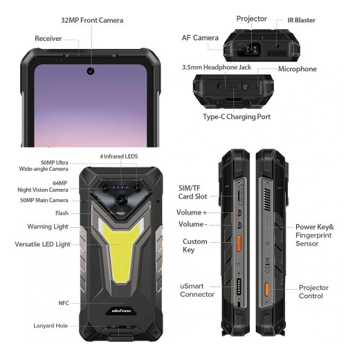 ULEFONE smartphone Armor 34 Pro Plus με βιντεοπροβολέα, 6.95", 5G, 16/512GB, 25500mAh, IP68/IP69K/MIL-STD-810H, μαύρο