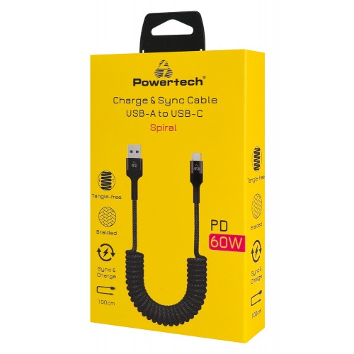 POWERTECH καλώδιο USB-C σε USB PTR-0197 με spiral καλώδιο, PD 60W, 480Mbps, 1m, μαύρο