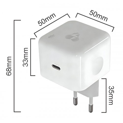 POWERTECH φορτιστής τοίχου PT-1581 με καλώδιο, USB-C, 40 έως 60W, GaN, AVS, λευκός