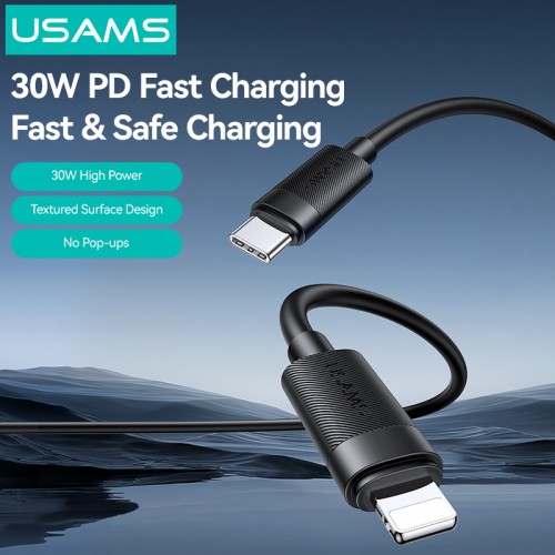 USAMS καλώδιο Lightning σε USB-C SJ781, 30W, 480Mbps, 1m, μαύρο