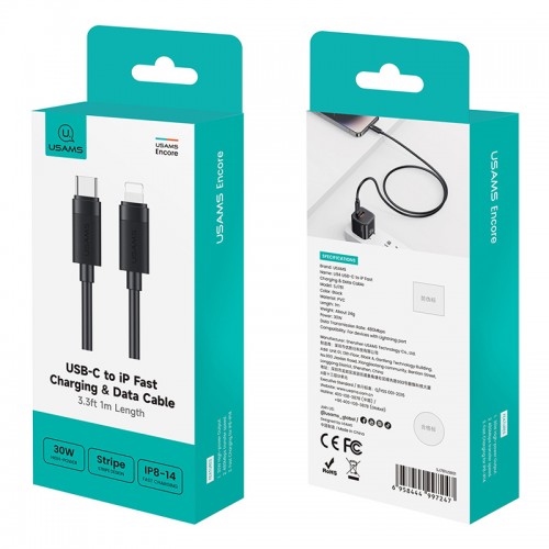USAMS καλώδιο Lightning σε USB-C SJ781, 30W, 480Mbps, 1m, μαύρο