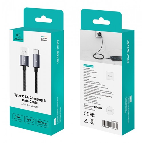 USAMS καλώδιο USB-C σε USB SJ767, 3A, 480Mbps, 1m, μαύρο