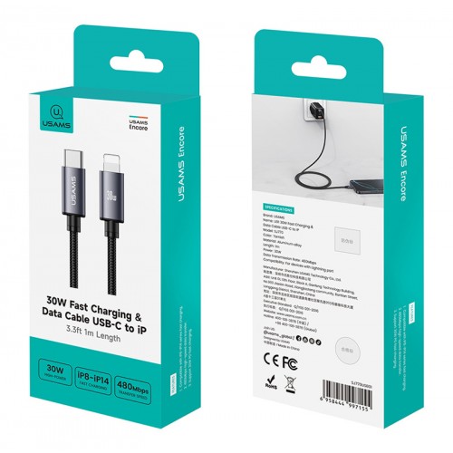USAMS καλώδιο Lightning σε USB-C SJ770, 30W, 480Mbps, 1m, μαύρο
