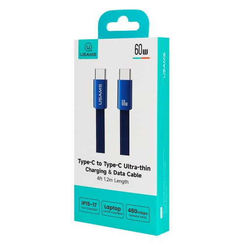 USAMS καλώδιο USB-C SJ783, 60W, 480Mbps, flat, 1.2m, μπλε
