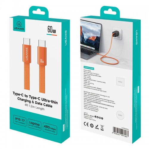 USAMS καλώδιο USB-C SJ783, 60W, 480Mbps, flat, 1.2m, πορτοκαλί