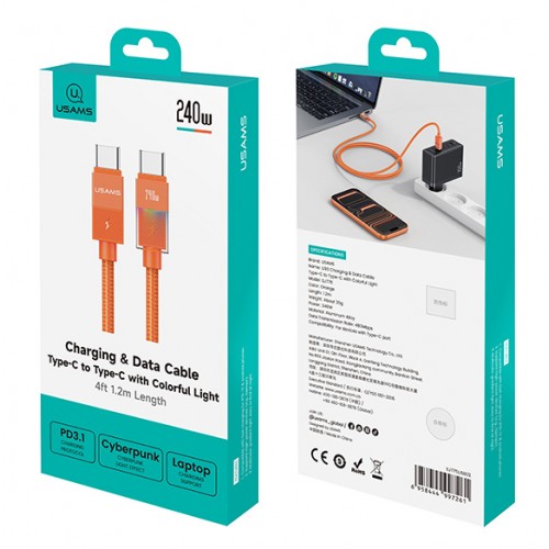 USAMS καλώδιο USB-C SJ775, 240W, 480Mbps, 1.2m, πορτοκαλί