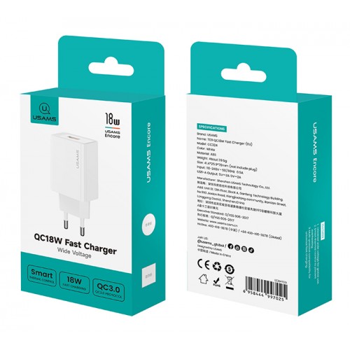 USAMS φορτιστής τοίχου CC324, USB, 18W, λευκός