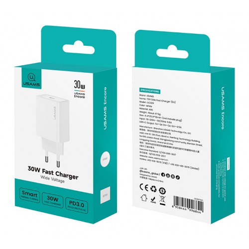 USAMS φορτιστής τοίχου CC329, USB-C, 30W, λευκός