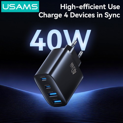 USAMS φορτιστής τοίχου CC330, 2x USB & 2x USB-C, 40W, GaN, μαύρος