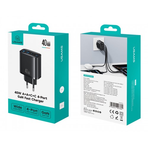 USAMS φορτιστής τοίχου CC330, 2x USB & 2x USB-C, 40W, GaN, μαύρος