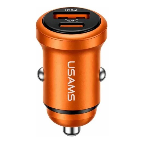 USAMS φορτιστής αυτοκινήτου CC322, USB & USB-C, 30W, πορτοκαλί