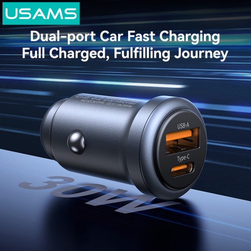 USAMS φορτιστής αυτοκινήτου CC322, USB & USB-C, 30W, πορτοκαλί