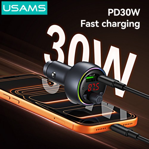 USAMS FM transmitter & φορτιστής CC328, USB/USB-C, 30W, Bluetooth, μαύρο