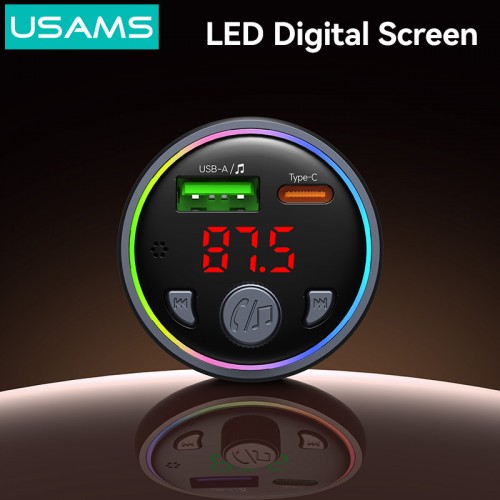 USAMS FM transmitter & φορτιστής CC328, USB/USB-C, 30W, Bluetooth, μαύρο