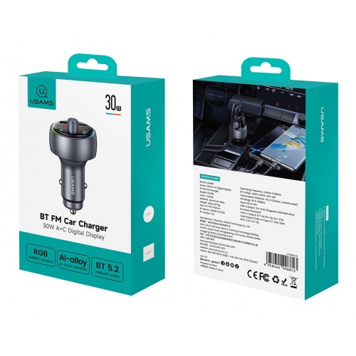 USAMS FM transmitter & φορτιστής CC328, USB/USB-C, 30W, Bluetooth, μαύρο