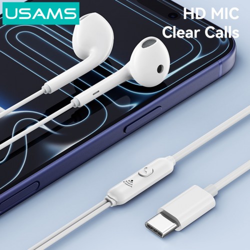 USAMS earphones με μικρόφωνο SJ771, USB-C σύνδεση, 1.2m, λευκά