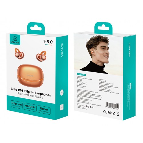USAMS earphones με θήκη φόρτισης Echo R03, OWS, Φ11mm, 40/300mAh, πορτοκαλί