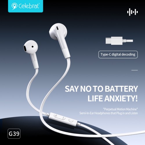 CELEBRAT earphones με μικρόφωνο G39, USB-C σύνδεση, 14mm, 1.2m, μαύρα