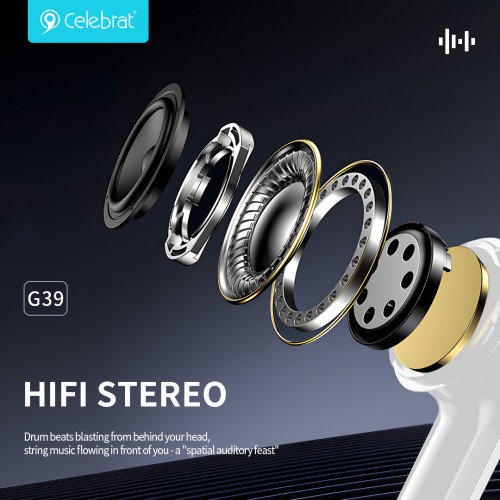 CELEBRAT earphones με μικρόφωνο G39, USB-C σύνδεση, 14mm, 1.2m, μαύρα