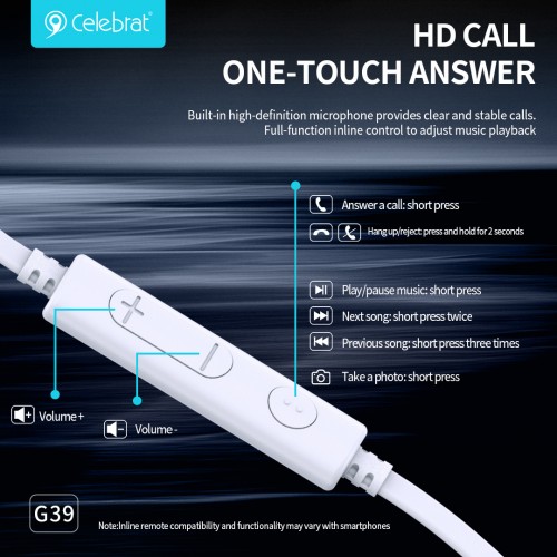 CELEBRAT earphones με μικρόφωνο G39, USB-C σύνδεση, 14mm, 1.2m, μαύρα