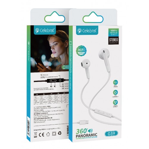 CELEBRAT earphones με μικρόφωνο G39, USB-C σύνδεση, 14mm, 1.2m, λευκά