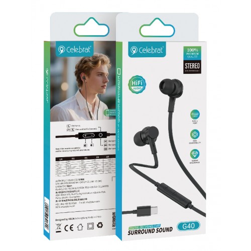 CELEBRAT earphones με μικρόφωνο G40, USB-C σύνδεση, 10mm, 1.2m, μαύρα