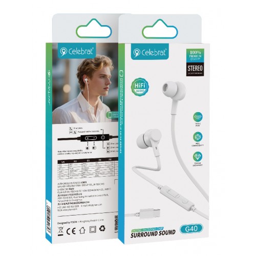 CELEBRAT earphones με μικρόφωνο G40, USB-C σύνδεση, 10mm, 1.2m, λευκά