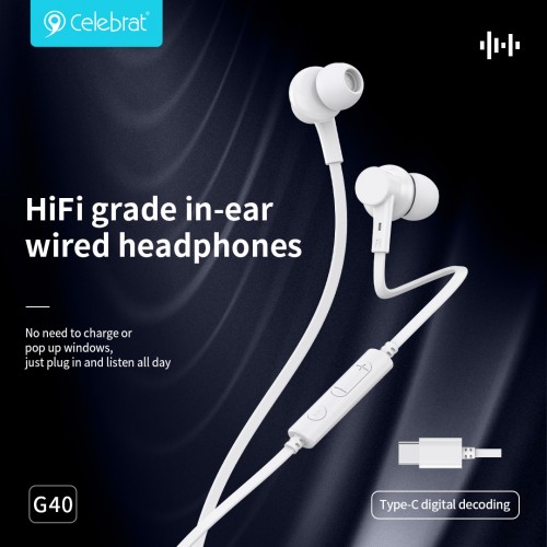 CELEBRAT earphones με μικρόφωνο G40, USB-C σύνδεση, 10mm, 1.2m, λευκά