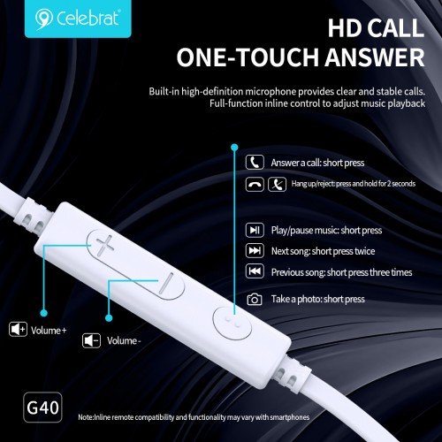CELEBRAT earphones με μικρόφωνο G40, USB-C σύνδεση, 10mm, 1.2m, λευκά