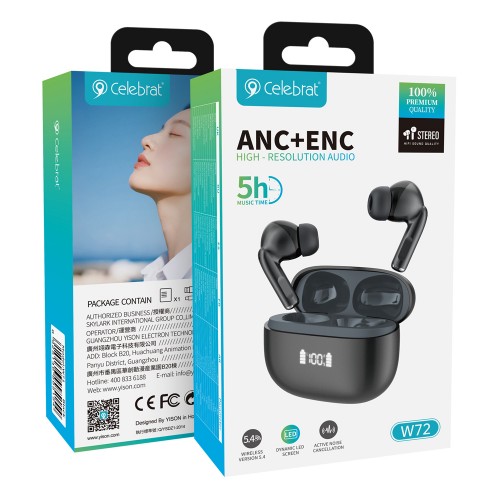 CELEBRAT earphones με θήκη φόρτισης W72, True Wireless, 10mm, 33/380mAh, ANC & ENC, μαύρα