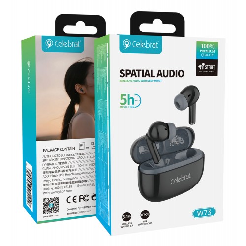 CELEBRAT earphones με θήκη φόρτισης W73, True Wireless, 13mm, 33/380mAh, μαύρα