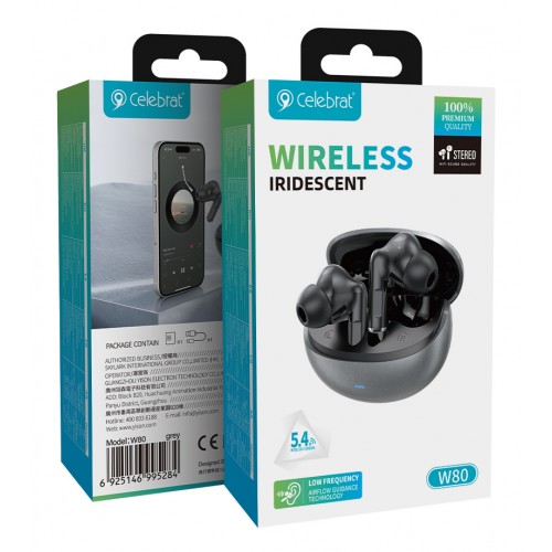 CELEBRAT earphones με θήκη φόρτισης W80, True Wireless, 13mm, 30/230mAh, γκρι