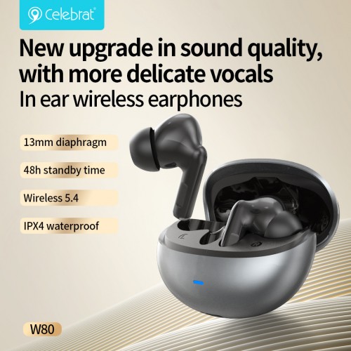 CELEBRAT earphones με θήκη φόρτισης W80, True Wireless, 13mm, 30/230mAh, λευκά