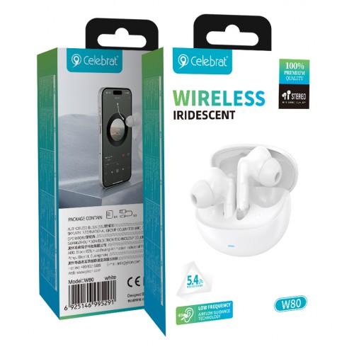 CELEBRAT earphones με θήκη φόρτισης W80, True Wireless, 13mm, 30/230mAh, λευκά