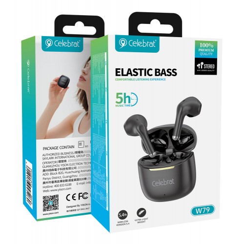 CELEBRAT earphones με θήκη φόρτισης W79, True Wireless, 13mm, 30/300mAh, μαύρα