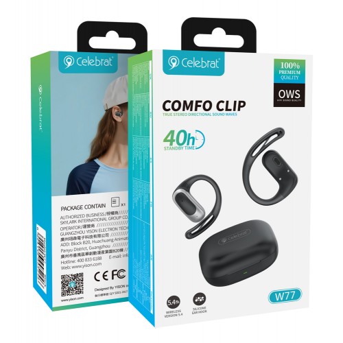 CELEBRAT earphones με θήκη φόρτισης W77, OWS, 12mm, 40/400mAh, μαύρα