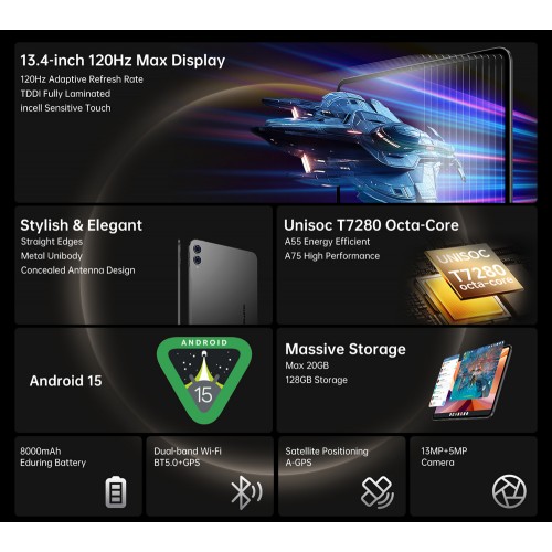 TECLAST tablet T65, 13.4", 6/128GB, 4G, Android 15, 8000mAh, γκρι