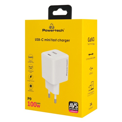 POWERTECH φορτιστής τοίχου PT-1612, USB-C, 100W, GaN, AVS, λευκός