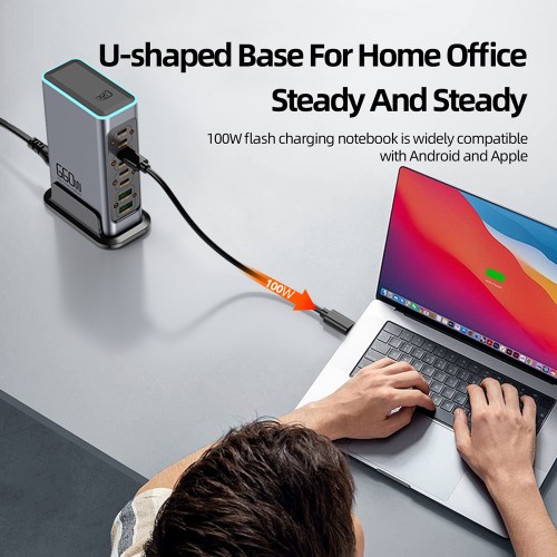 POWERTECH σταθμός φόρτισης PT-1621, 2x USB & 6x USB-C, GaN, 140W, γκρι